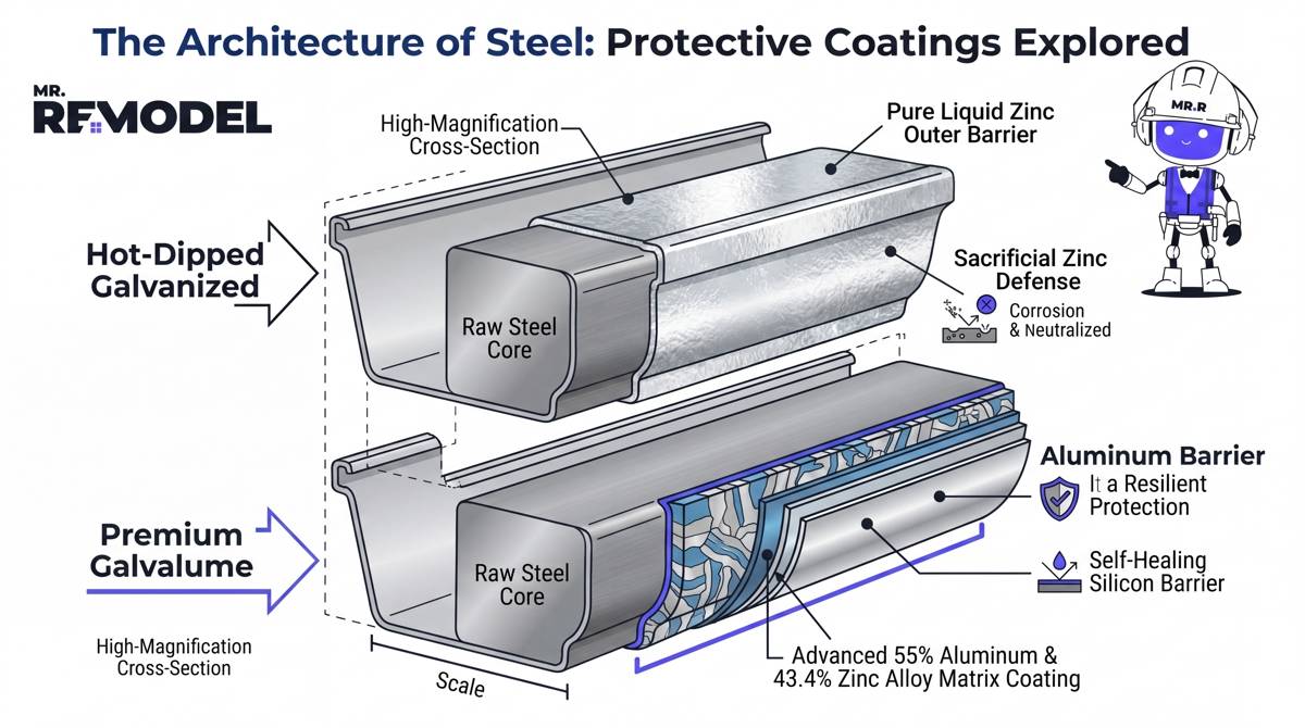 A material science cross-section diagram comparing the protective layers of hot-dipped galvanized steel against advanced aluminum-zinc coated Galvalume gutter cores.